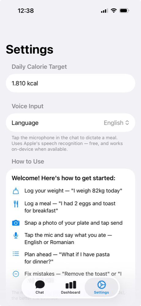 Settings screen with daily calorie target and voice-input language.